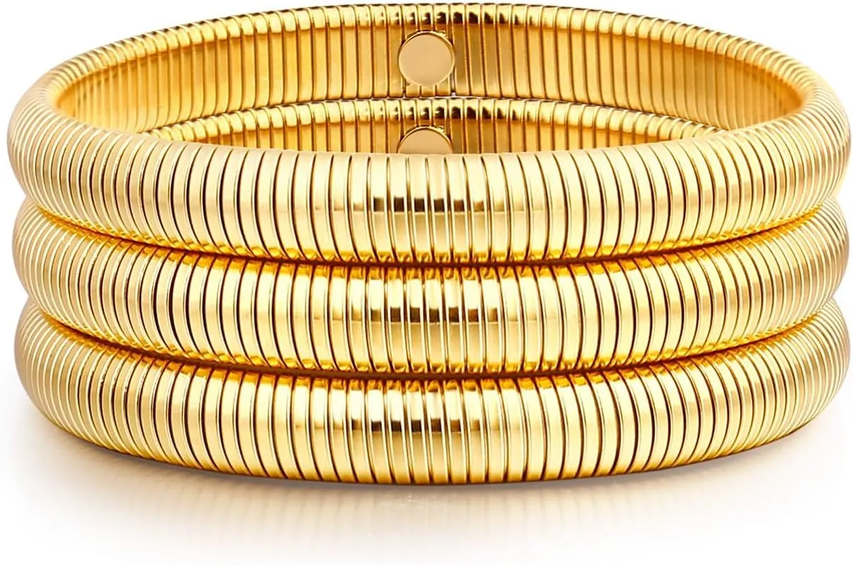 Gold Bangle Bracelets For Women Non Tarnish 14k Gold Plated Stackable Chunky Gold Bracelet Set Stretch Trendy Elastic Snake Chain Bracelet