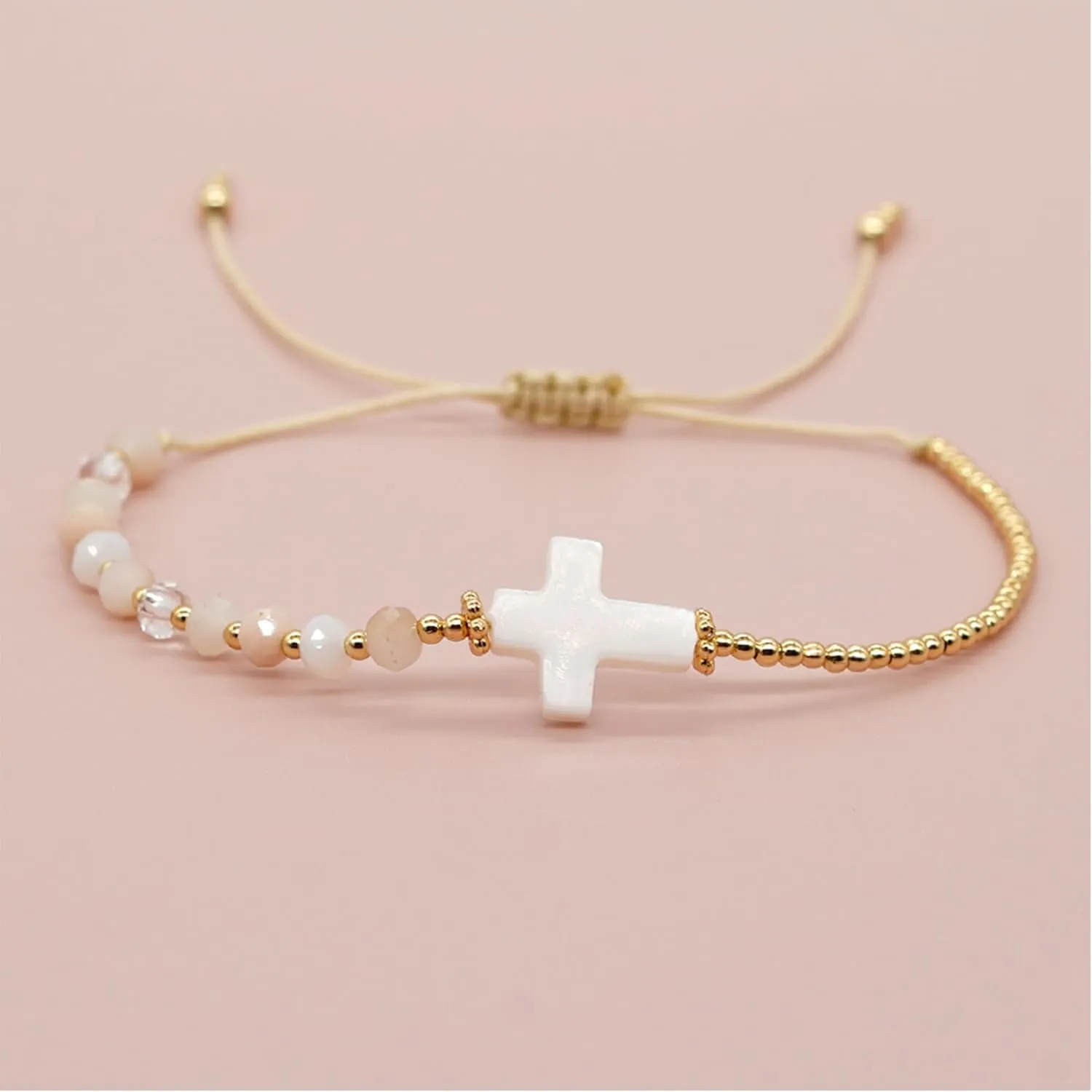 Gold Beaded Charm Braided Bracelets for Women, Cute Handmade Beads Adjustable Beige Rope String Lucky Bracelet Friendship Holiday Jewelry Gift