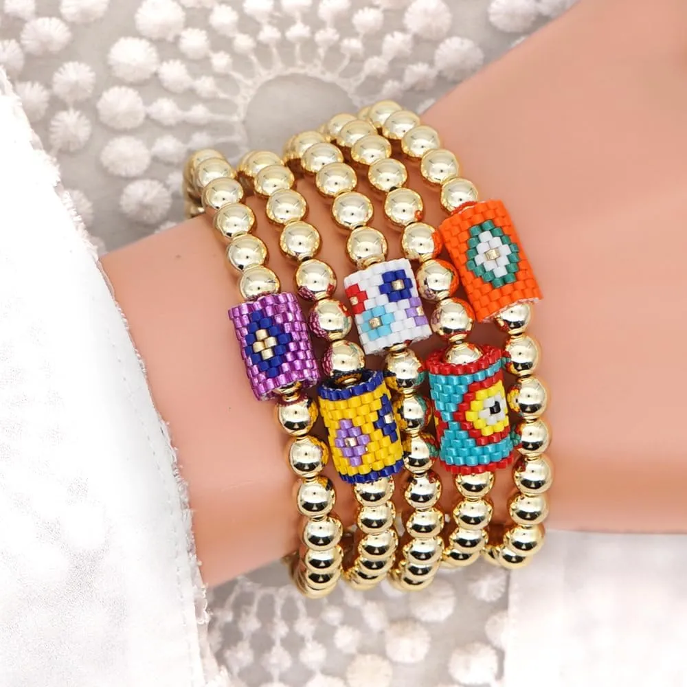 Gold Beads Boho Evil Eye Stretch Bracelets for Women 14K Gold Plated Ball Seed Beaded Elastic Hypoallergenic Bohemian Stackable Strand Bracelet Friendship Jewelry Gift