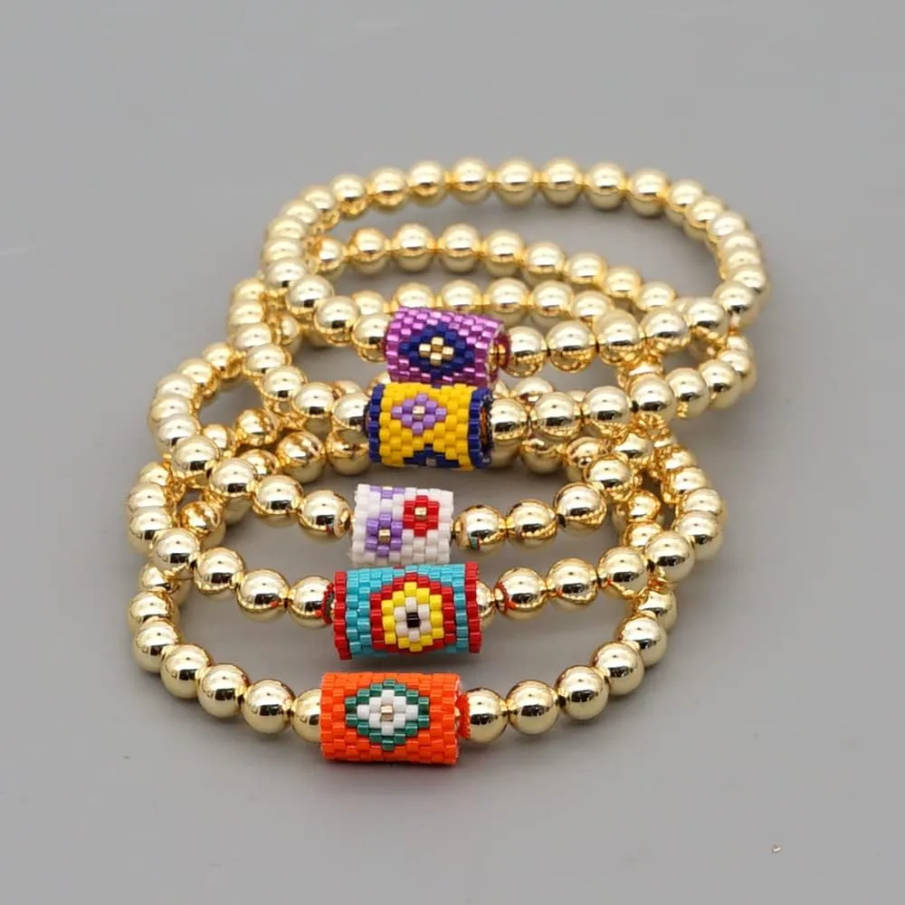 Gold Beads Boho Evil Eye Stretch Bracelets for Women 14K Gold Plated Ball Seed Beaded Elastic Hypoallergenic Bohemian Stackable Strand Bracelet Friendship Jewelry Gift