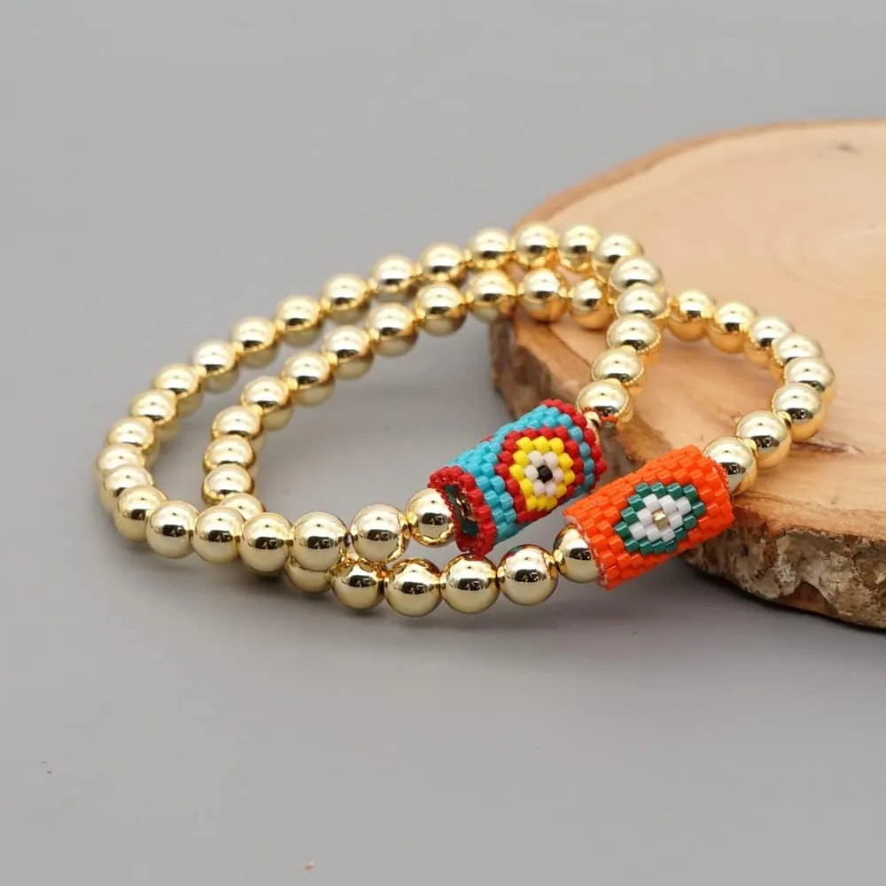 Gold Beads Boho Evil Eye Stretch Bracelets for Women 14K Gold Plated Ball Seed Beaded Elastic Hypoallergenic Bohemian Stackable Strand Bracelet Friendship Jewelry Gift