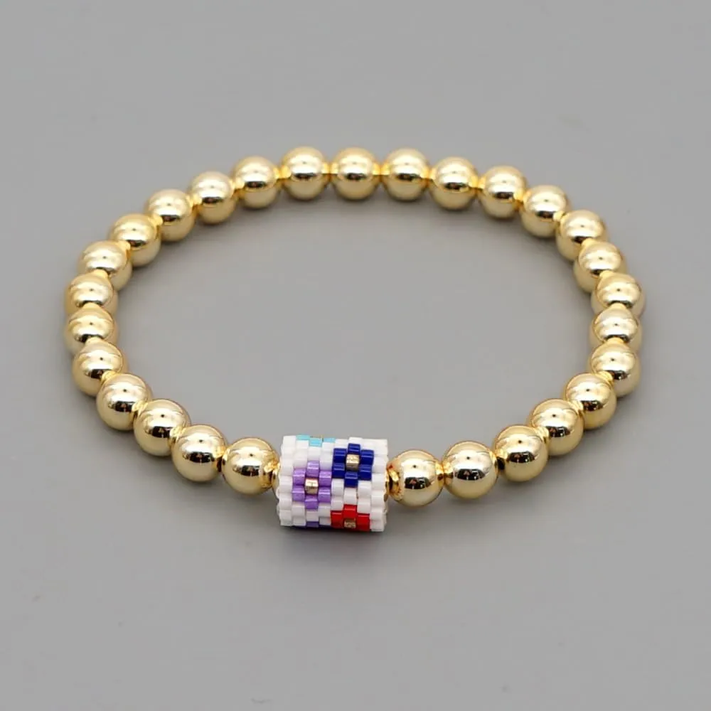 Gold Beads Boho Evil Eye Stretch Bracelets for Women 14K Gold Plated Ball Seed Beaded Elastic Hypoallergenic Bohemian Stackable Strand Bracelet Friendship Jewelry Gift