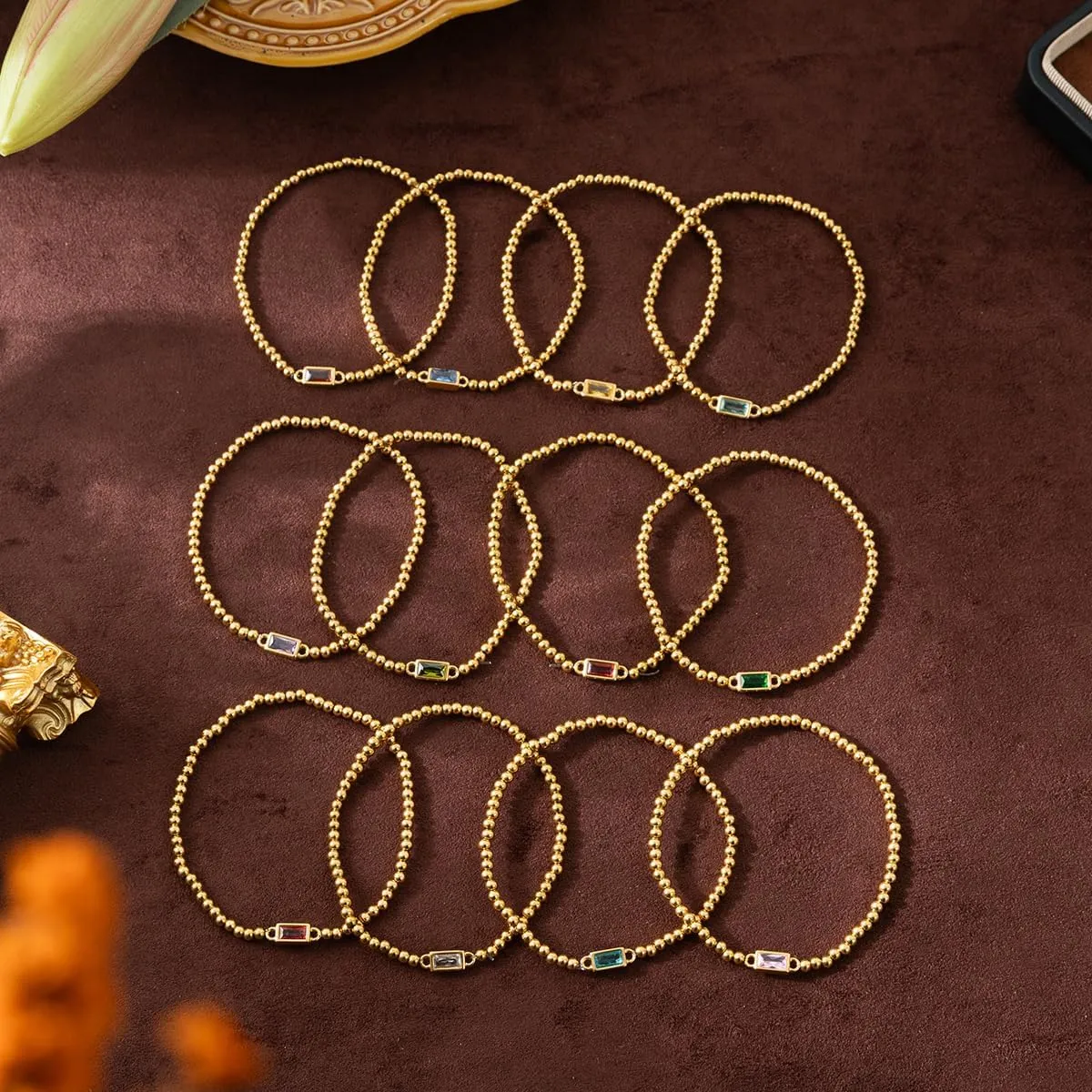 Gold Birthstone Bracelet for Women Trendy Non Tarnish Dainty 18K Gold Plated Stretch Beaded Bracelet Cubic Zirconia Bracelets Birthday Christmas Valentine's Day Gifts Birthstone Jewelry for Women