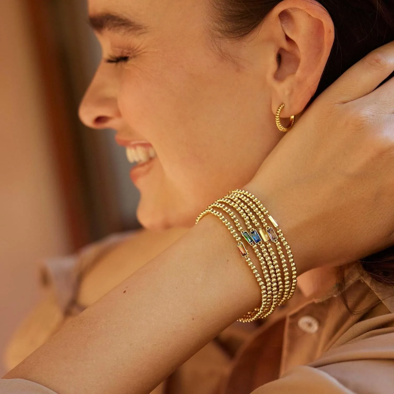 Gold Birthstone Bracelet for Women Trendy Non Tarnish Dainty 18K Gold Plated Stretch Beaded Bracelet Cubic Zirconia Bracelets Birthday Christmas Valentine's Day Gifts Birthstone Jewelry for Women