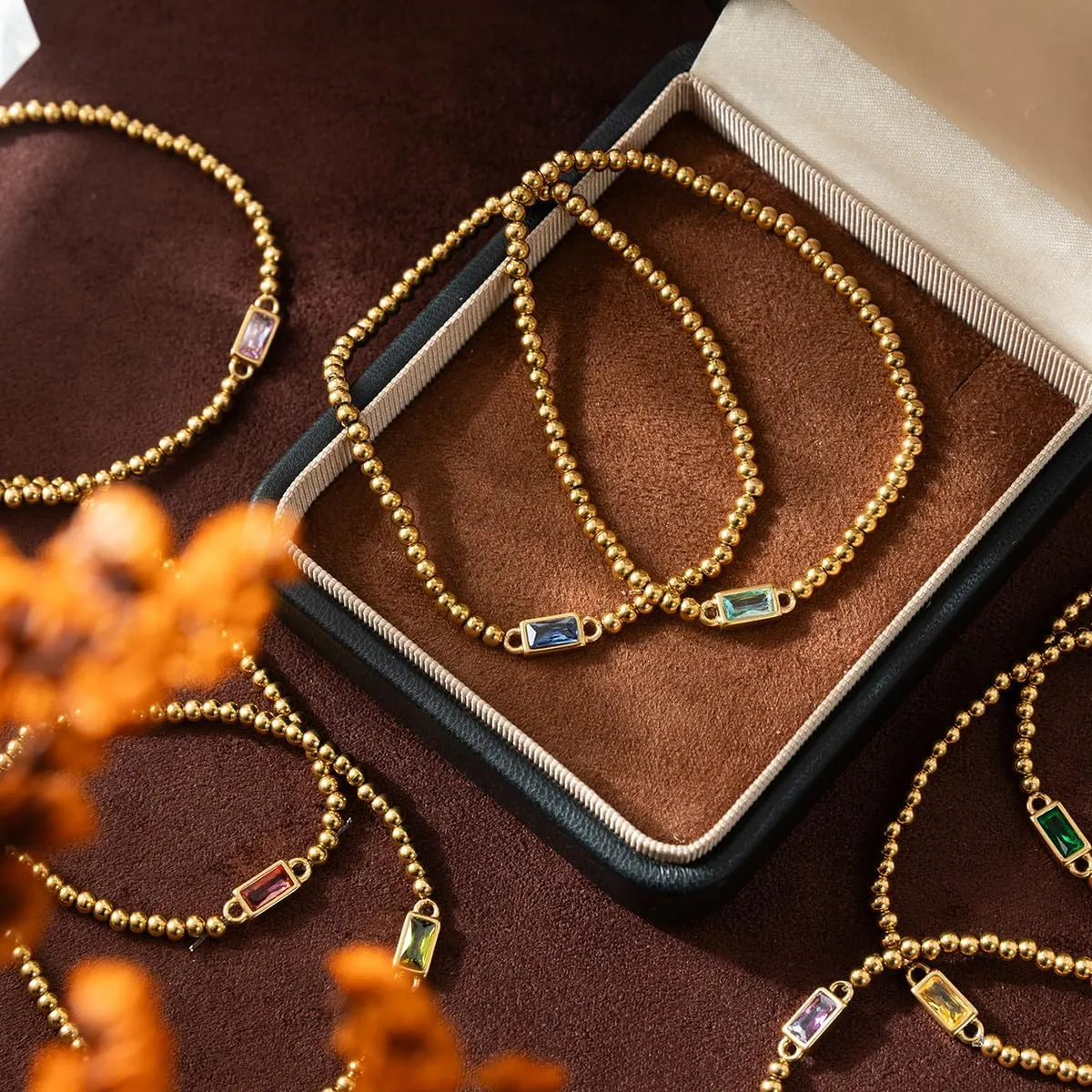 Gold Birthstone Bracelet for Women Trendy Non Tarnish Dainty 18K Gold Plated Stretch Beaded Bracelet Cubic Zirconia Bracelets Birthday Christmas Valentine's Day Gifts Birthstone Jewelry for Women
