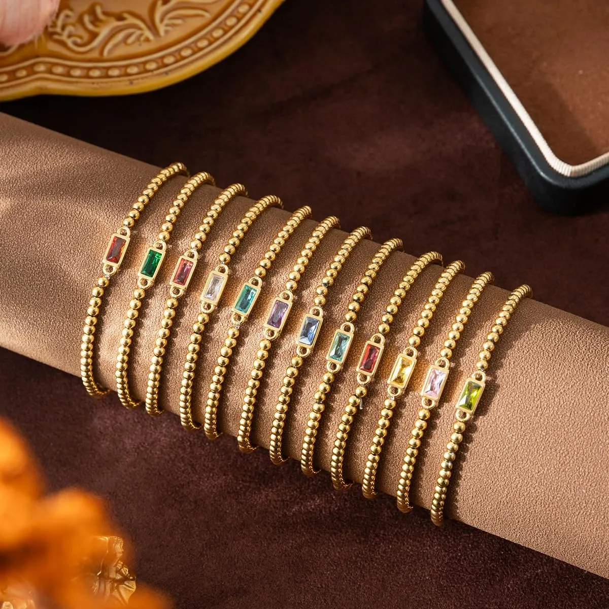 Gold Birthstone Bracelet for Women Trendy Non Tarnish Dainty 18K Gold Plated Stretch Beaded Bracelet Cubic Zirconia Bracelets Birthday Christmas Valentine's Day Gifts Birthstone Jewelry for Women