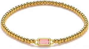 Gold Birthstone Bracelet for Women Trendy Non Tarnish Dainty 18K Gold Plated Stretch Beaded Bracelet Cubic Zirconia Bracelets Birthday Christmas Valentine's Day Gifts Birthstone Jewelry for Women