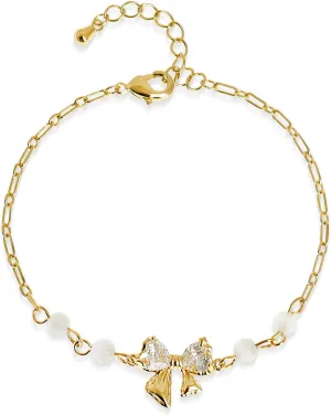 Gold Bow Rhinestone Bracelet for Women, Dainty Boho Statement Adjustable Handmade Crystal Bead CZ Link Chain Stackable Bracelet Party Jewelry Gifts