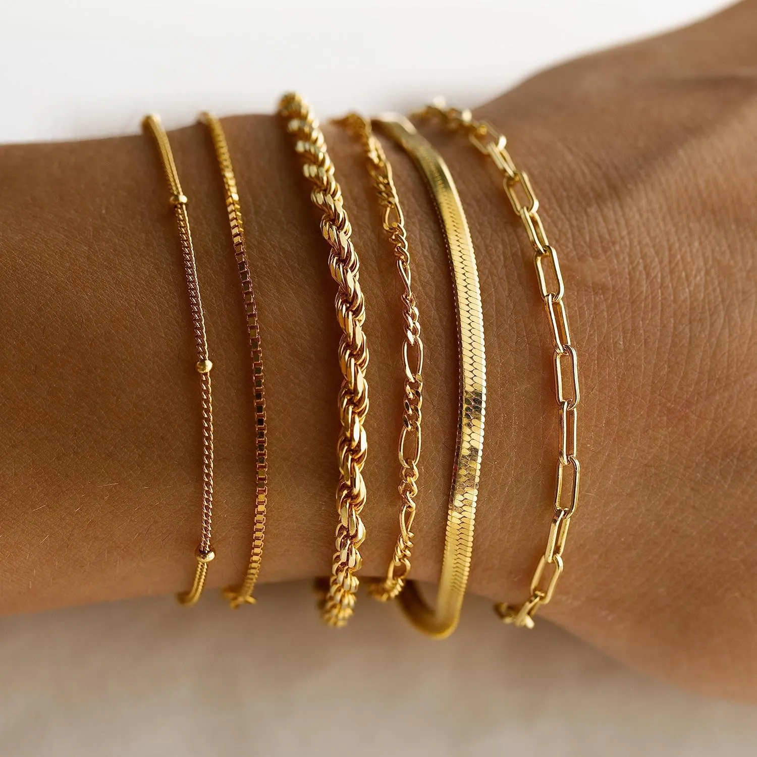 Gold Bracelets for Women, 14K Gold Plated Dainty Bracelet Set Stackable Paperclip Box Bead Chain Bracelet Adjustable Simple Gold Bracelet Trendy Gold jewelry for Women Gifts