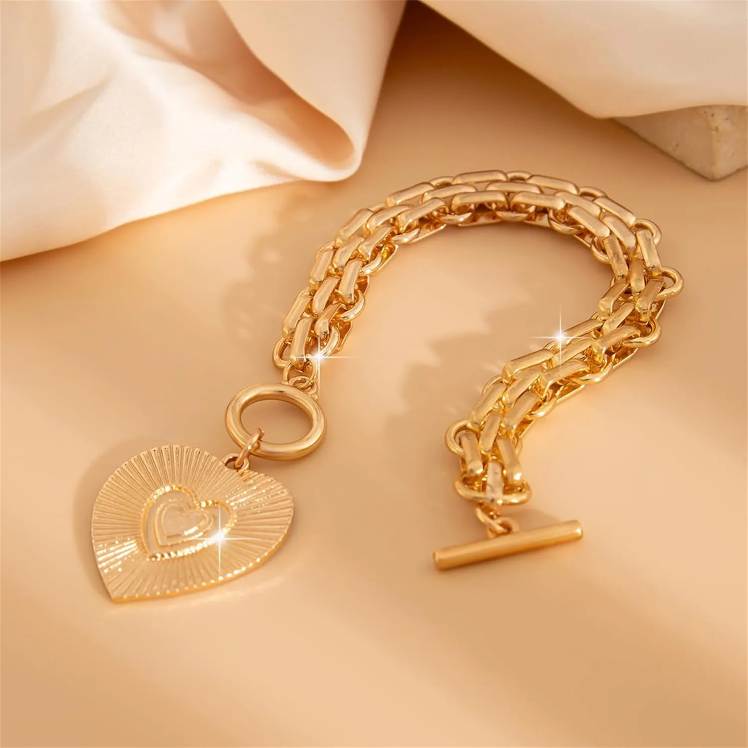 Gold Charm Cross Heart Bracelet for Women,Punk Chunky Cross Religious Bracelets Vintage Love Pendant Link Chain OT Clasp Christian Jewelry