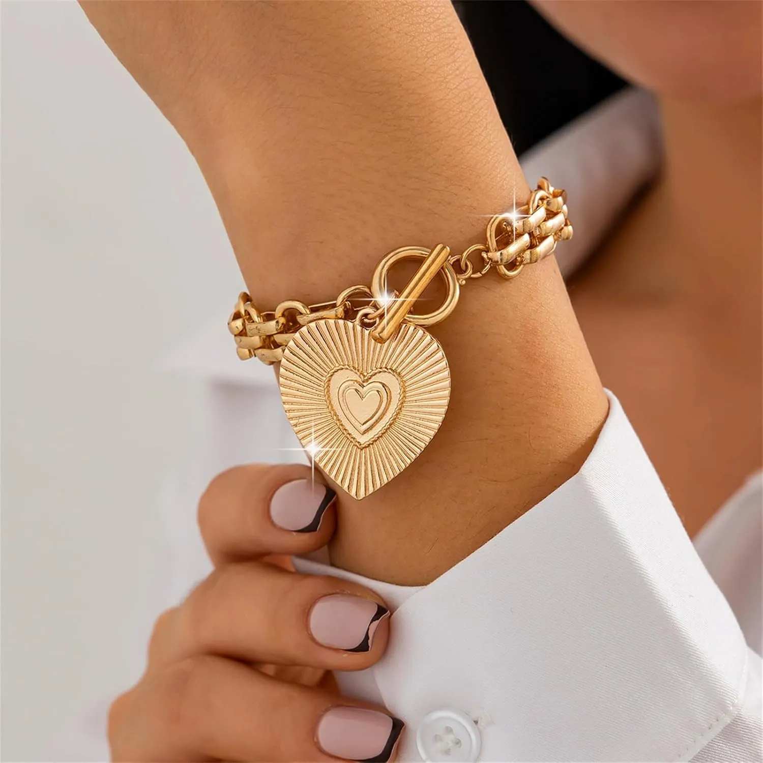 Gold Charm Cross Heart Bracelet for Women,Punk Chunky Cross Religious Bracelets Vintage Love Pendant Link Chain OT Clasp Christian Jewelry