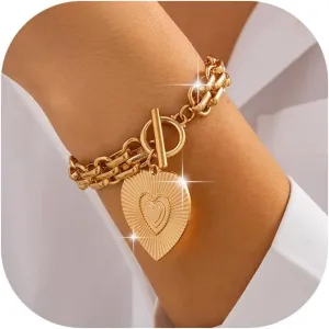 Gold Charm Cross Heart Bracelet for Women,Punk Chunky Cross Religious Bracelets Vintage Love Pendant Link Chain OT Clasp Christian Jewelry