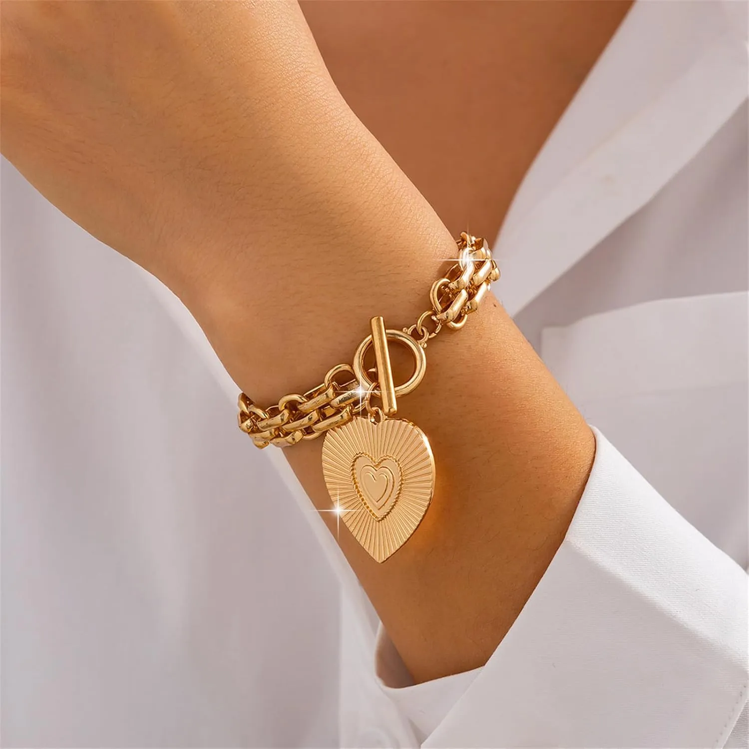 Gold Charm Cross Heart Bracelet for Women,Punk Chunky Cross Religious Bracelets Vintage Love Pendant Link Chain OT Clasp Christian Jewelry