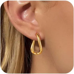 Gold Earrings for Women, Large Open Earrings 14K Gold Plated Smiple Hypoallergenic Trendy Statement Dangle Earrings Gold Dainty Geometric Rectangle Drop Stud Earrings Piercing Jewelry