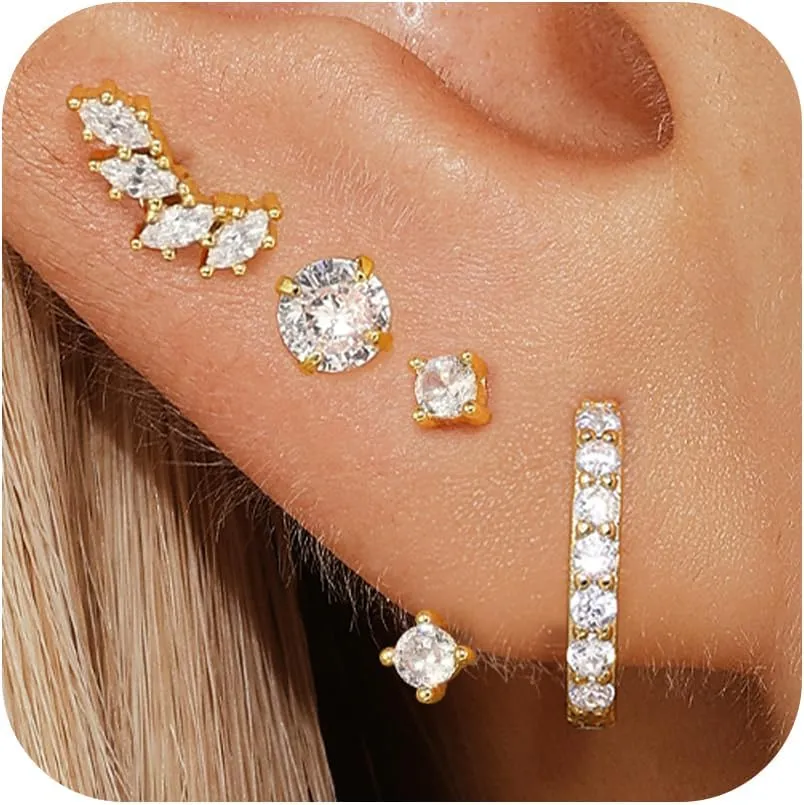 Gold Earrings Set for Women, 14K Gold Plated Hoop Stud Earring Stacks, Hypoallergenic Cartilage Earrings Set for Multiple Piercing, Trendy Earring Jewelry for Women 2025