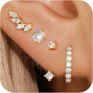 Gold Earrings Set for Women, 14K Gold Plated Hoop Stud Earring Stacks, Hypoallergenic Cartilage Earrings Set for Multiple Piercing, Trendy Earring Jewelry for Women 2025