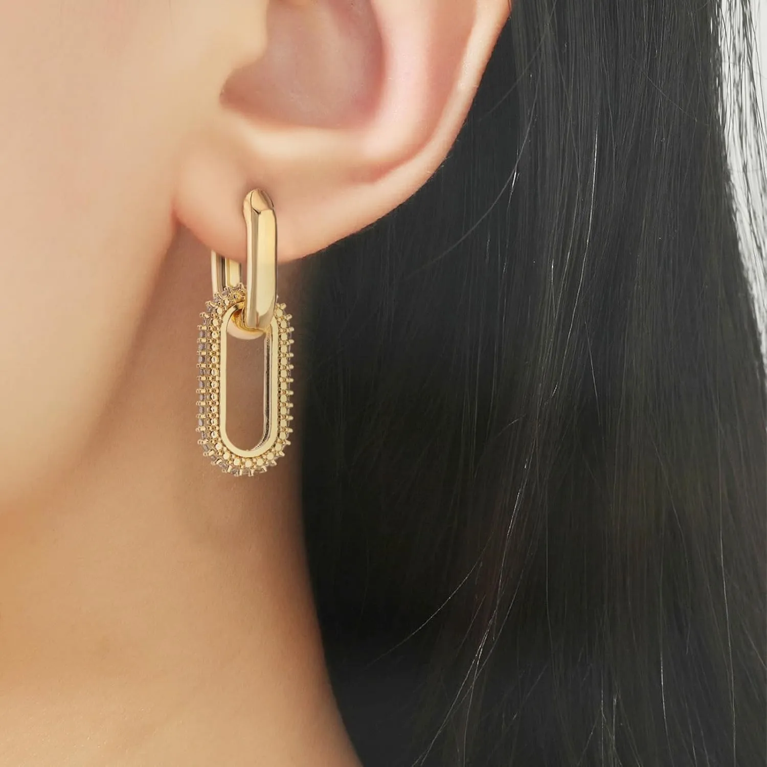 Gold Hoop Paperclip Earrings Chunky Convertible Link Earrings Minimalist CZ Geometric Rectangle Dangle Earring Huggie Gold Statement Earrings Prom Jewelry for Women