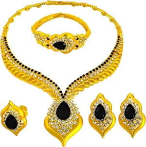 Gold Jewelry Sets for Women,Dubai Statement Necklaces Gold Bracelets Open Hoop Earrings Ring Fashion Crystal Wedding Costume Jewelry Accessories Set Mother's Day Birthday Wedding prom