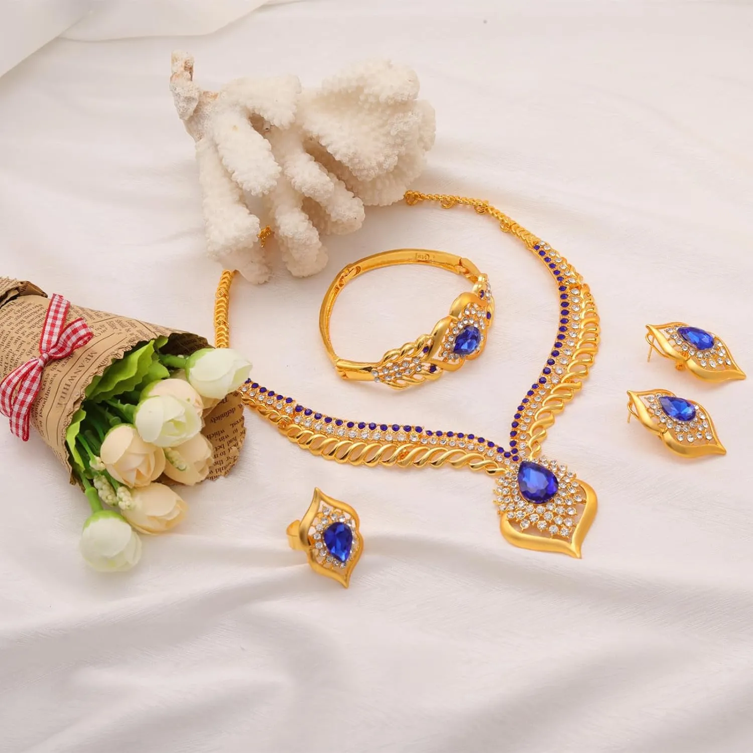 Gold Jewelry Sets for Women,Dubai Statement Necklaces Gold Bracelets Open Hoop Earrings Ring Fashion Crystal Wedding Costume Jewelry Accessories Set Mother's Day Birthday Wedding prom