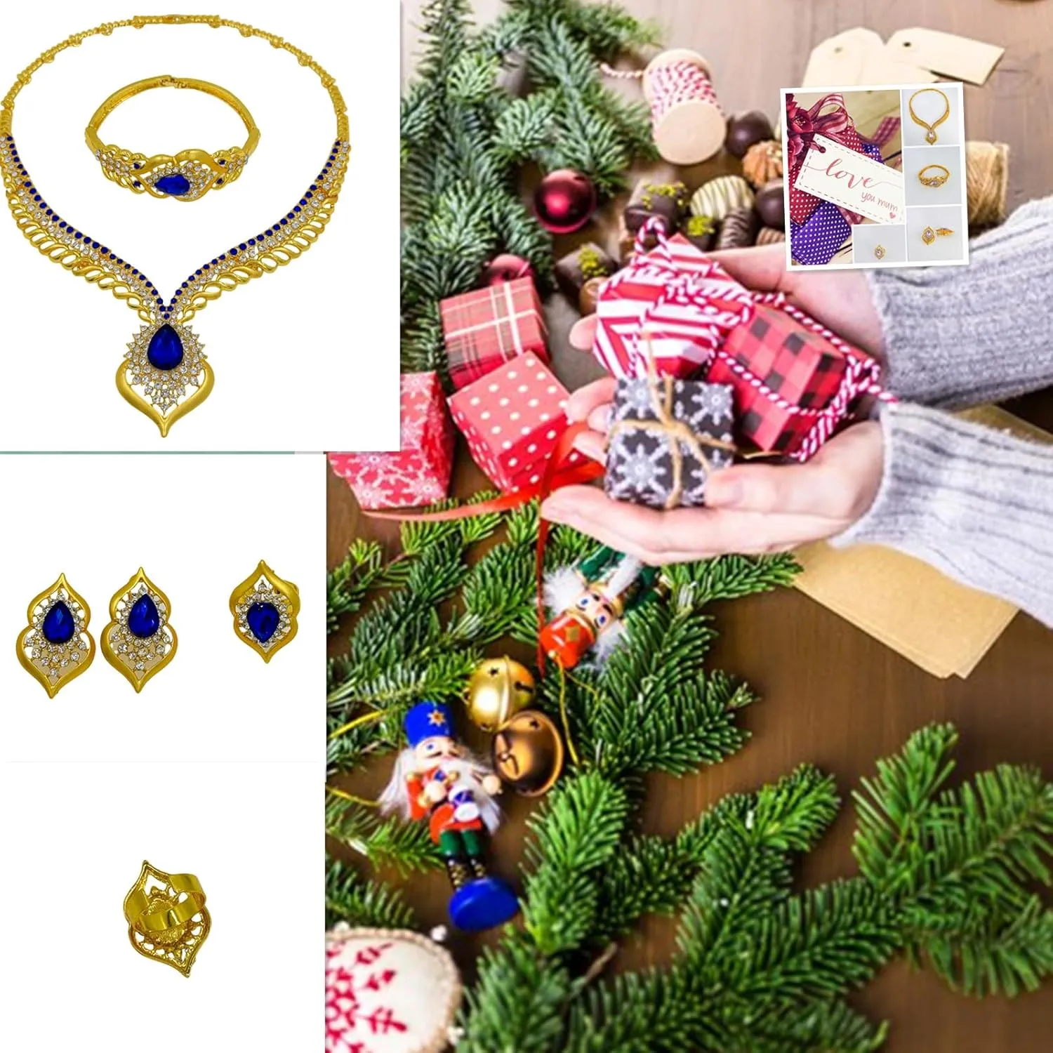 Gold Jewelry Sets for Women,Dubai Statement Necklaces Gold Bracelets Open Hoop Earrings Ring Fashion Crystal Wedding Costume Jewelry Accessories Set Mother's Day Birthday Wedding prom