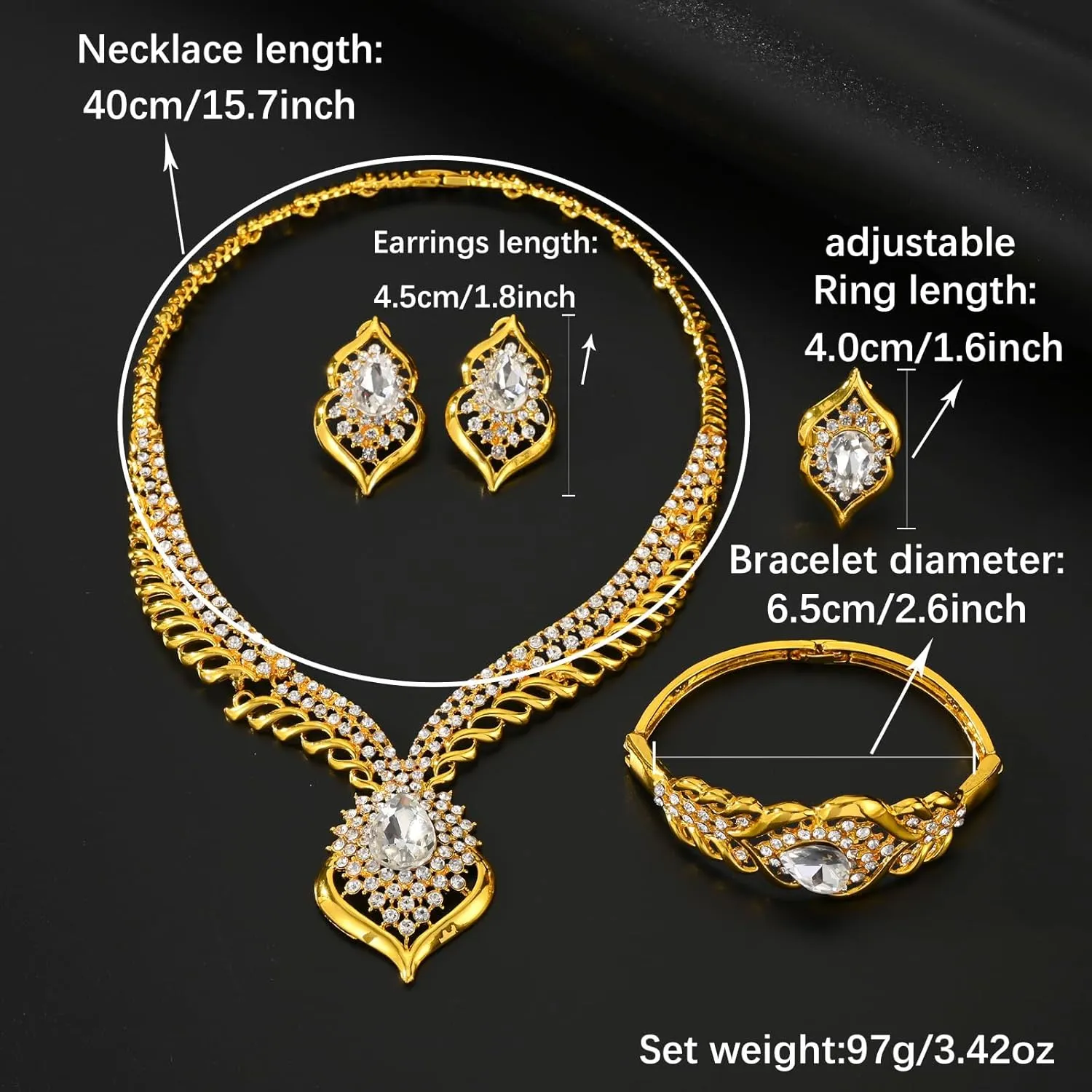 Gold Jewelry Sets for Women,Dubai Statement Necklaces Gold Bracelets Open Hoop Earrings Ring Fashion Crystal Wedding Costume Jewelry Accessories Set Mother's Day Birthday Wedding prom
