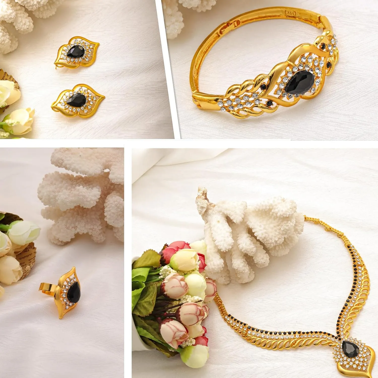 Gold Jewelry Sets for Women,Dubai Statement Necklaces Gold Bracelets Open Hoop Earrings Ring Fashion Crystal Wedding Costume Jewelry Accessories Set Mother's Day Birthday Wedding prom