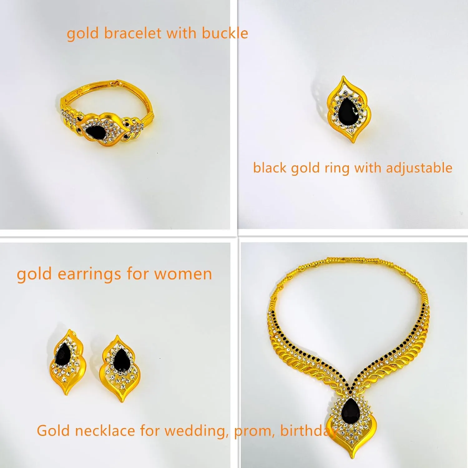 Gold Jewelry Sets for Women,Dubai Statement Necklaces Gold Bracelets Open Hoop Earrings Ring Fashion Crystal Wedding Costume Jewelry Accessories Set Mother's Day Birthday Wedding prom
