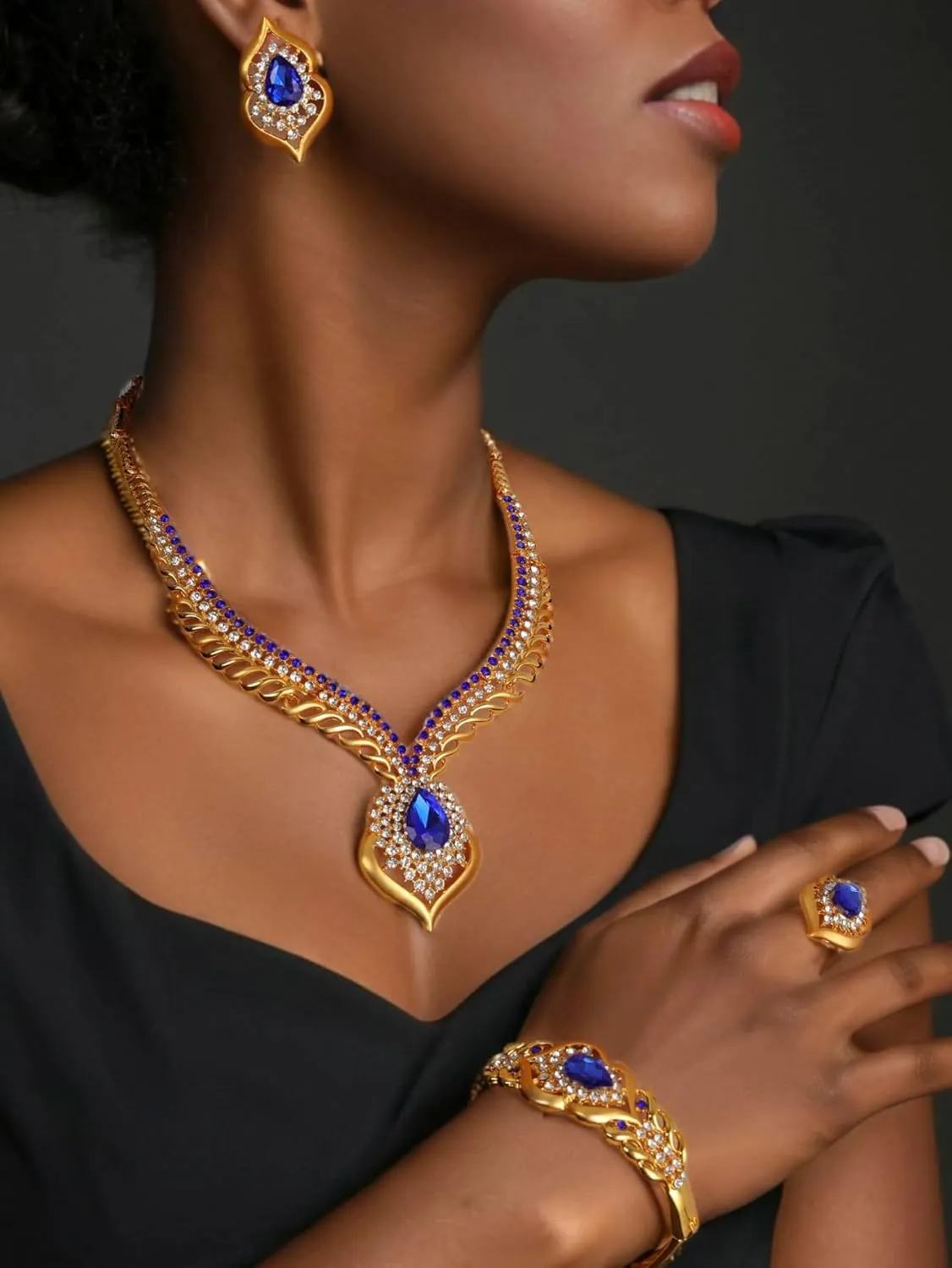 Gold Jewelry Sets for Women,Dubai Statement Necklaces Gold Bracelets Open Hoop Earrings Ring Fashion Crystal Wedding Costume Jewelry Accessories Set Mother's Day Birthday Wedding prom