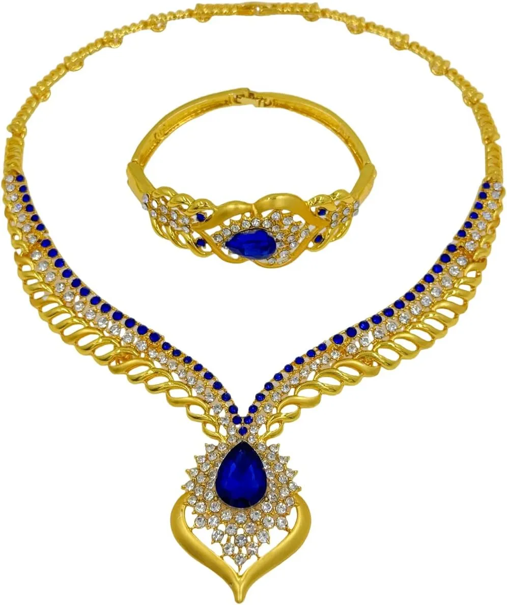 Gold Jewelry Sets for Women,Dubai Statement Necklaces Gold Bracelets Open Hoop Earrings Ring Fashion Crystal Wedding Costume Jewelry Accessories Set Mother's Day Birthday Wedding prom
