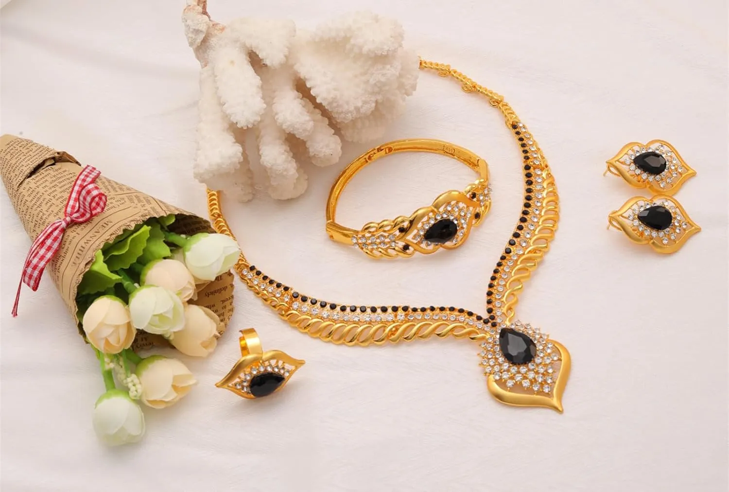 Gold Jewelry Sets for Women,Dubai Statement Necklaces Gold Bracelets Open Hoop Earrings Ring Fashion Crystal Wedding Costume Jewelry Accessories Set Mother's Day Birthday Wedding prom