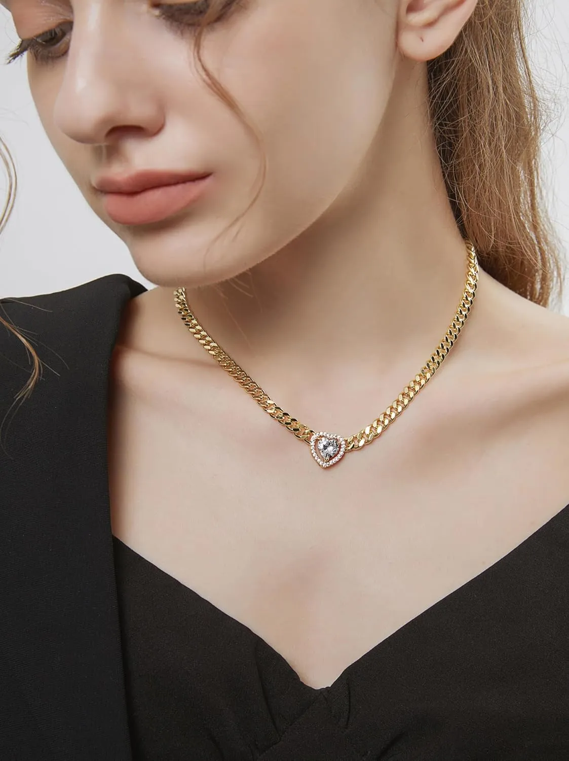 Gold Necklace for Women, 14k Gold Plated Cuban Link Chain Necklace with White/Emerald/Garnet Heart/Square/Round Zirconia Solitaire Pendant, Dainty Necklace Gifts for Mom/Girlfriend/Birthday/Anniversary