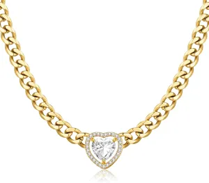 Gold Necklace for Women, 14k Gold Plated Cuban Link Chain Necklace with White/Emerald/Garnet Heart/Square/Round Zirconia Solitaire Pendant, Dainty Necklace Gifts for Mom/Girlfriend/Birthday/Anniversary