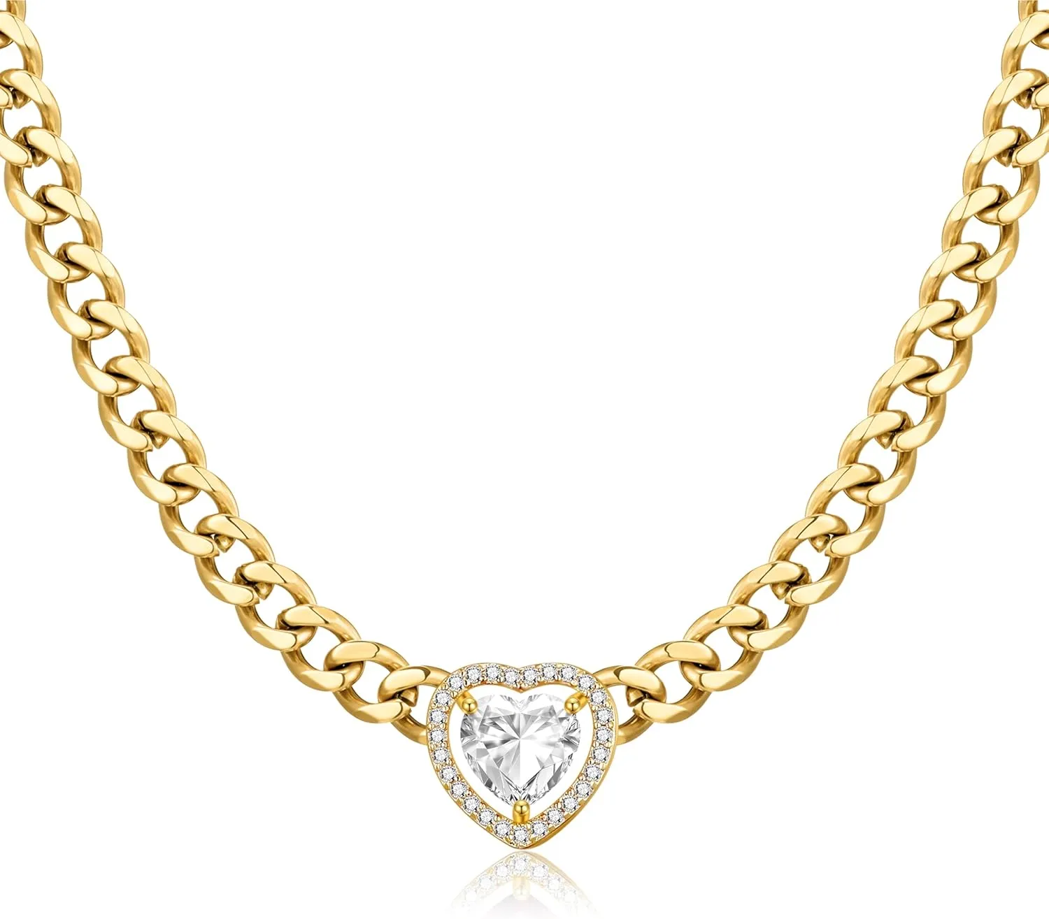 Gold Necklace for Women, 14k Gold Plated Cuban Link Chain Necklace with White/Emerald/Garnet Heart/Square/Round Zirconia Solitaire Pendant, Dainty Necklace Gifts for Mom/Girlfriend/Birthday/Anniversary