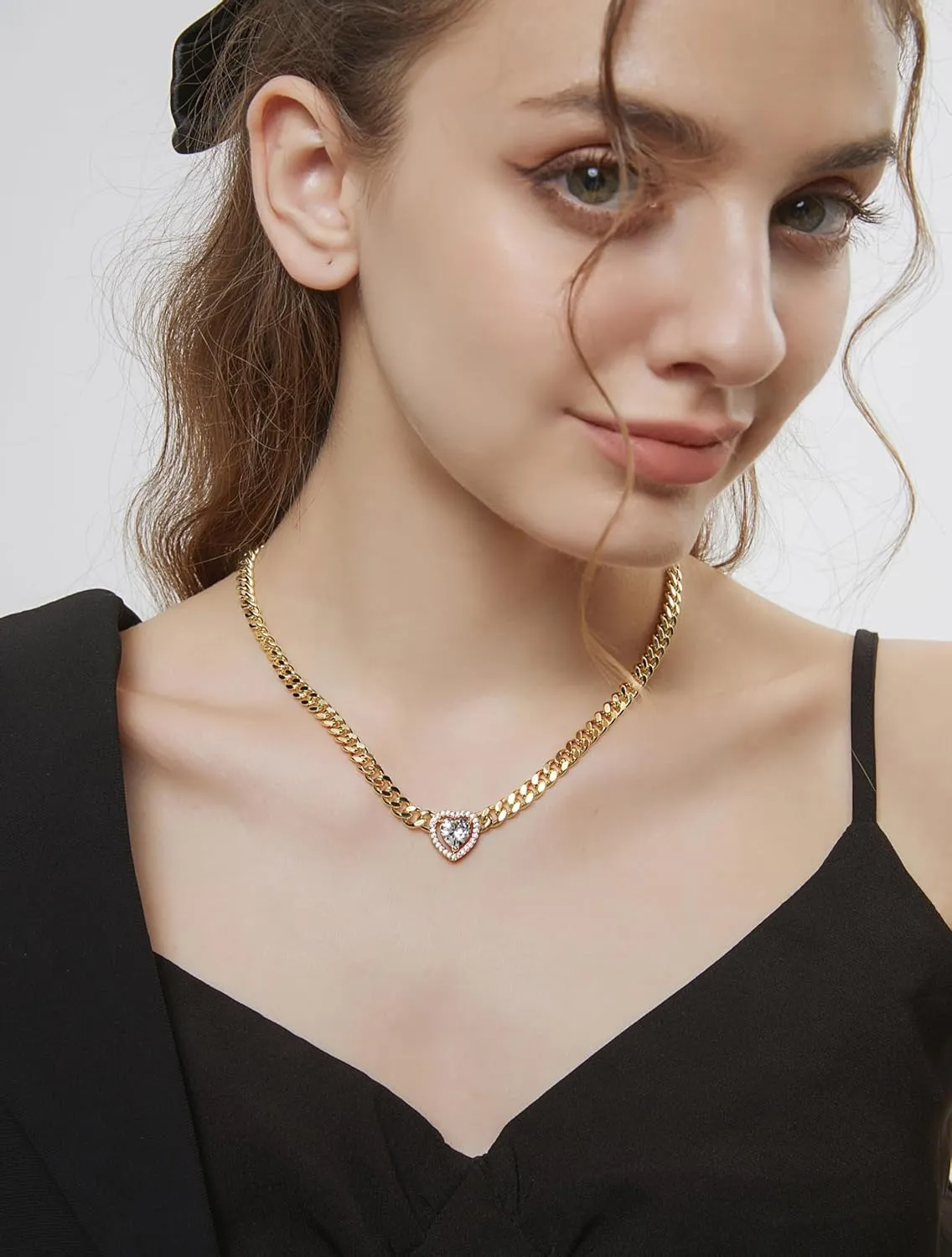 Gold Necklace for Women, 14k Gold Plated Cuban Link Chain Necklace with White/Emerald/Garnet Heart/Square/Round Zirconia Solitaire Pendant, Dainty Necklace Gifts for Mom/Girlfriend/Birthday/Anniversary