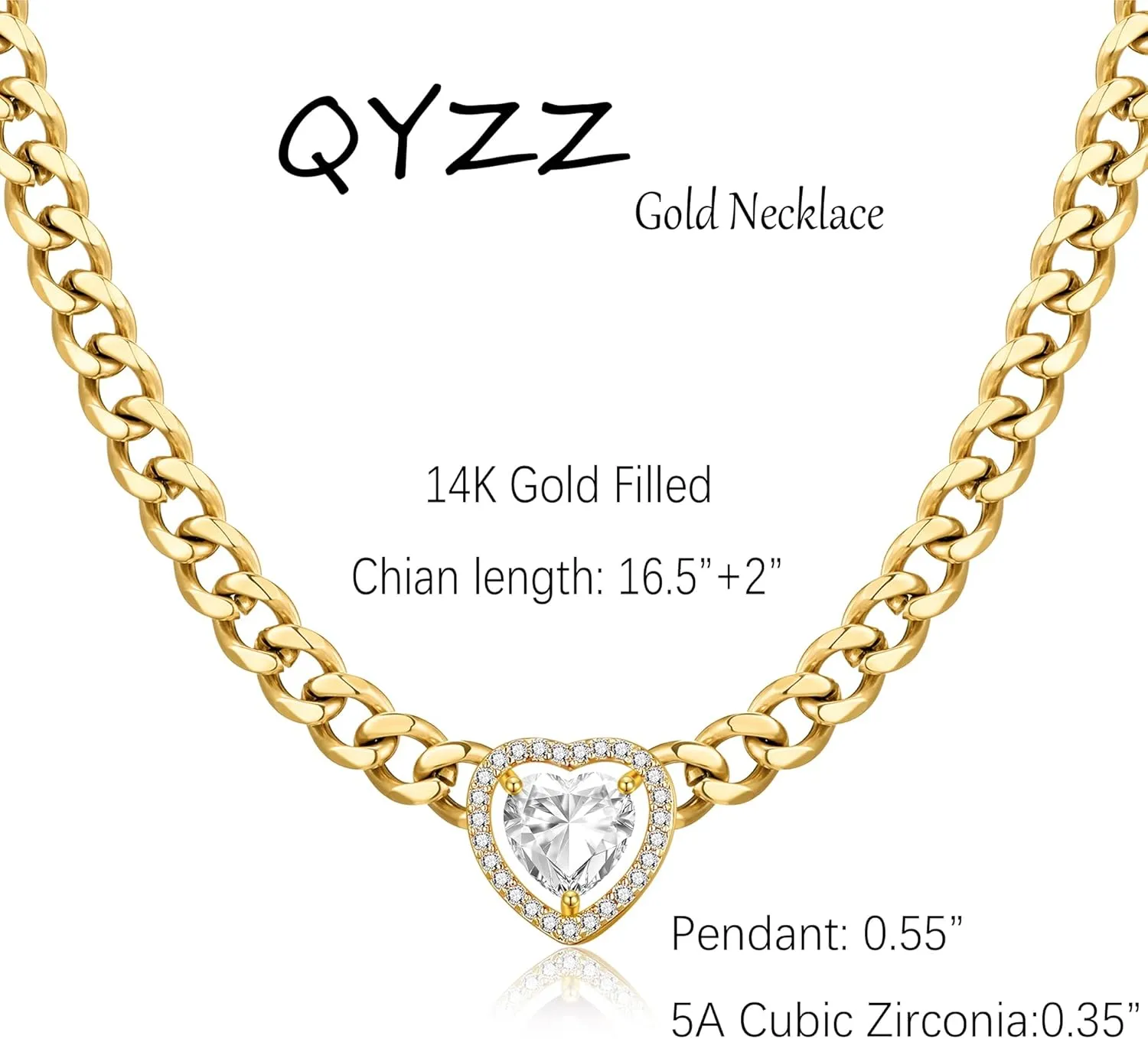 Gold Necklace for Women, 14k Gold Plated Cuban Link Chain Necklace with White/Emerald/Garnet Heart/Square/Round Zirconia Solitaire Pendant, Dainty Necklace Gifts for Mom/Girlfriend/Birthday/Anniversary