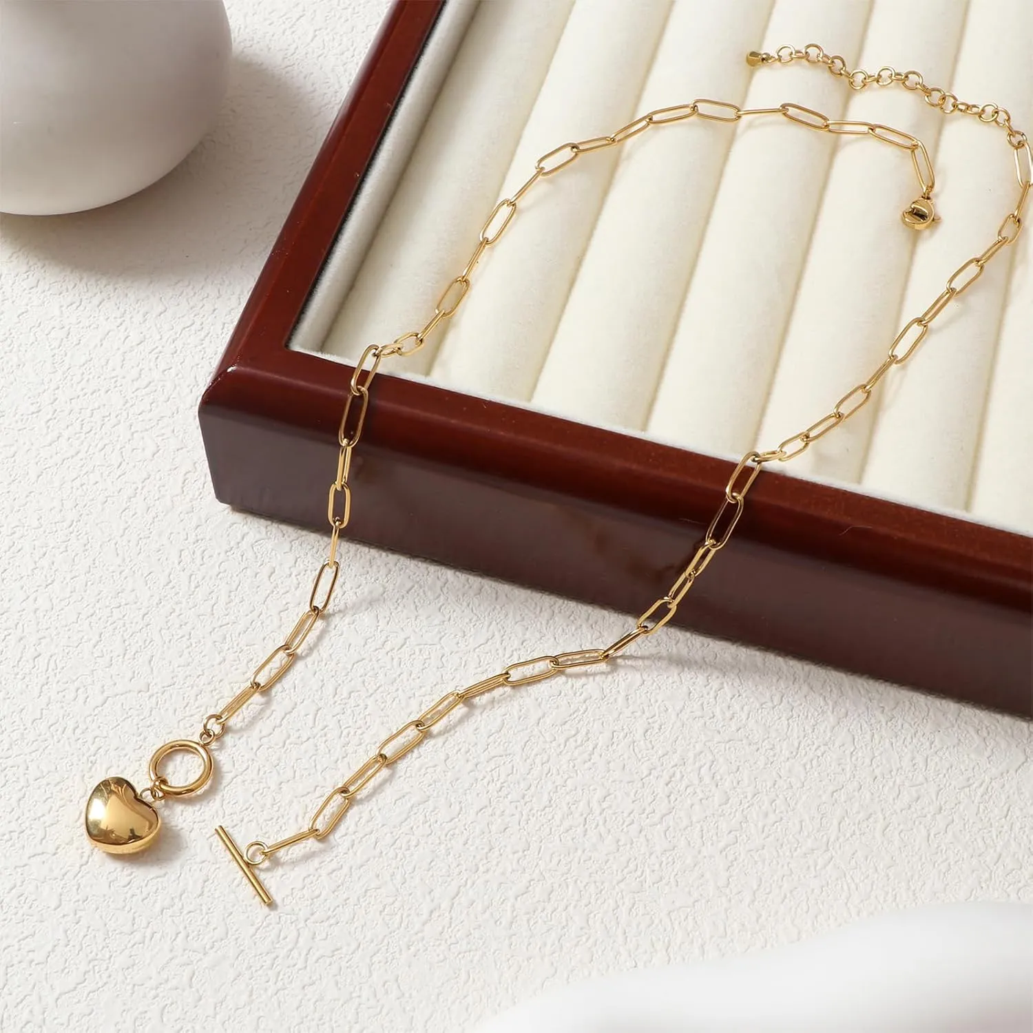 Gold Paperclip Toggle Necklace Pendant for Women Natural Gemstone Pearl Cubic Zirconia Paper Clip Chain Necklace Toggle Paperclip Jewelry Gift for Women