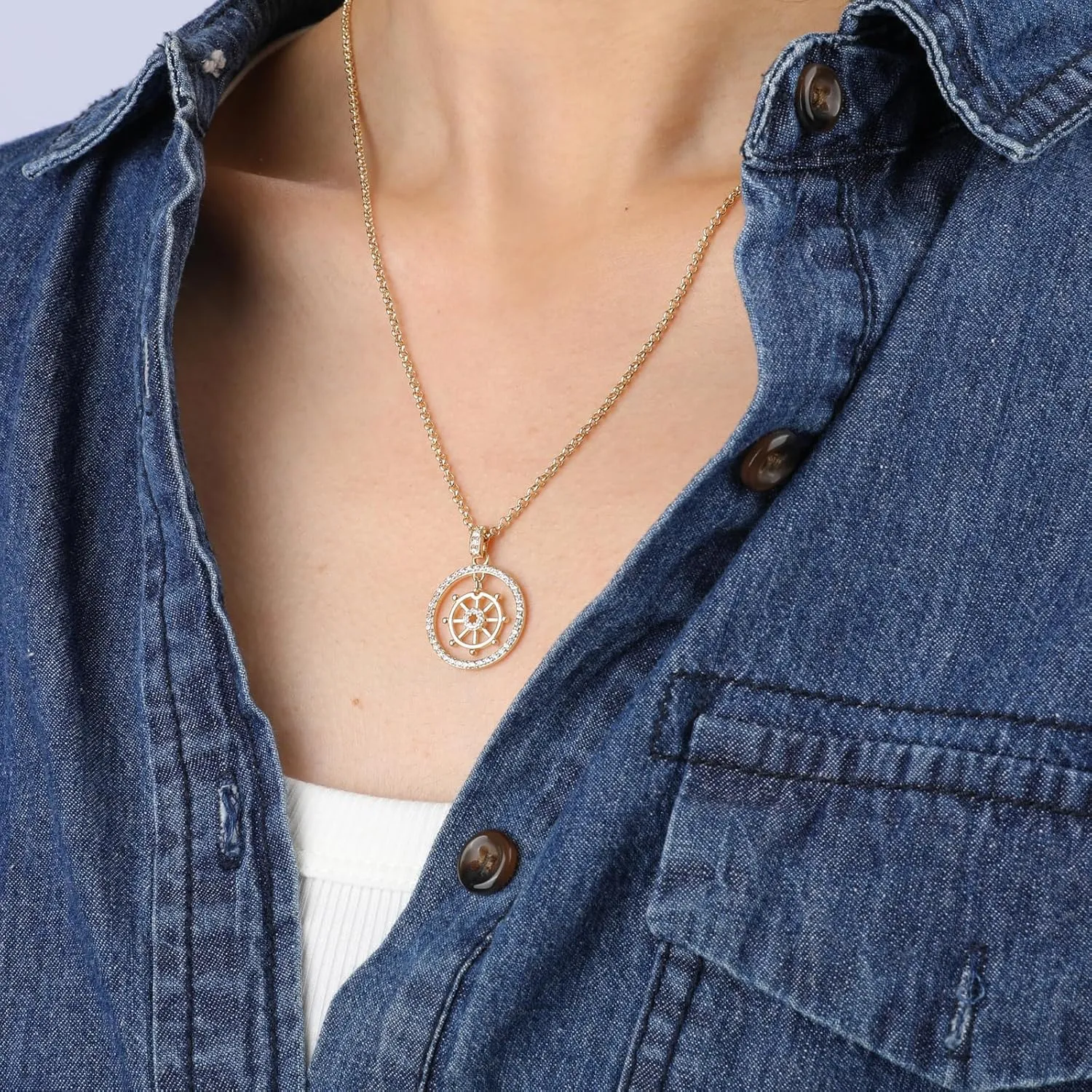 Gold Pendant Necklace Flower Rudder Compass Necklace for Women, Four Leaf Clover Saturn Moon Star Gold Plated Chain Dainty Necklaces Trendy Jewelry Wedding Anniversary Birthday Gift for Her
