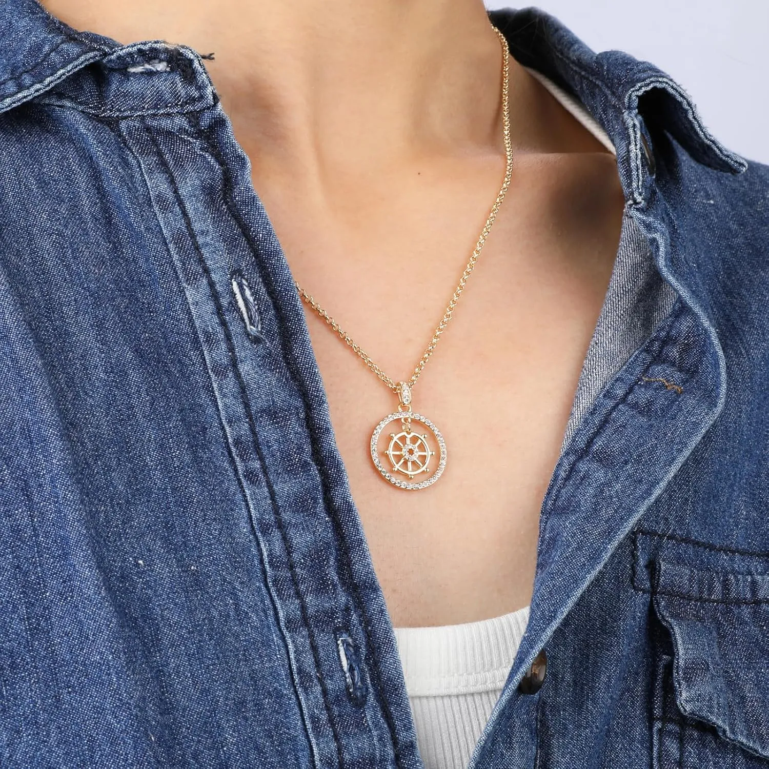 Gold Pendant Necklace Flower Rudder Compass Necklace for Women, Four Leaf Clover Saturn Moon Star Gold Plated Chain Dainty Necklaces Trendy Jewelry Wedding Anniversary Birthday Gift for Her