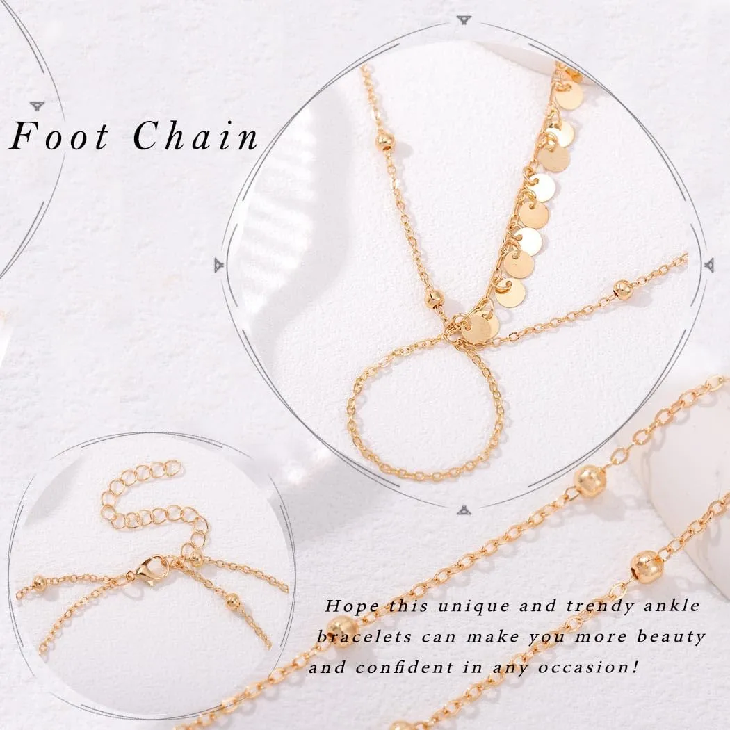Gold Sequins Barefoot Sandals Jewelry for Women Layered Beaded Ankle Bracelet Pearl Toe Ring Bridal Wedding Beach Foot Chain for Women