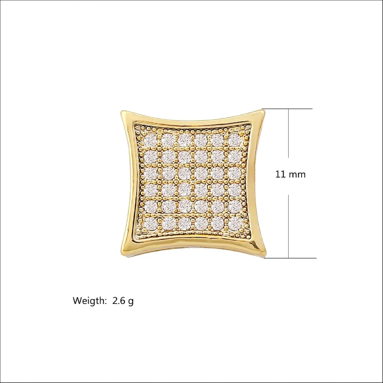 Gold Silver 11mm Square CZ Stud Earring of Mens aretes para hombre
