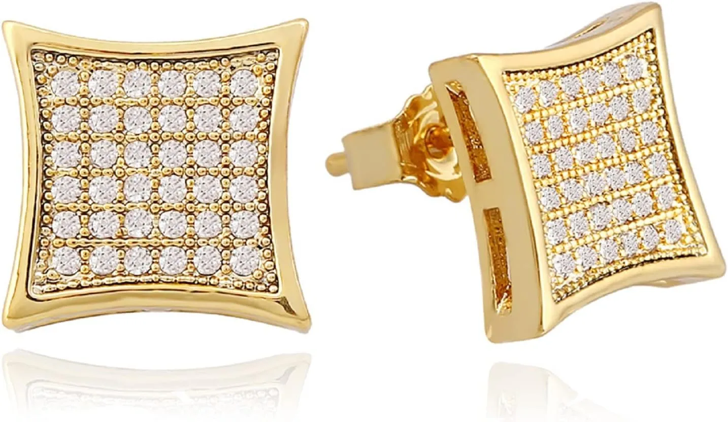 Gold Silver 11mm Square CZ Stud Earring of Mens aretes para hombre