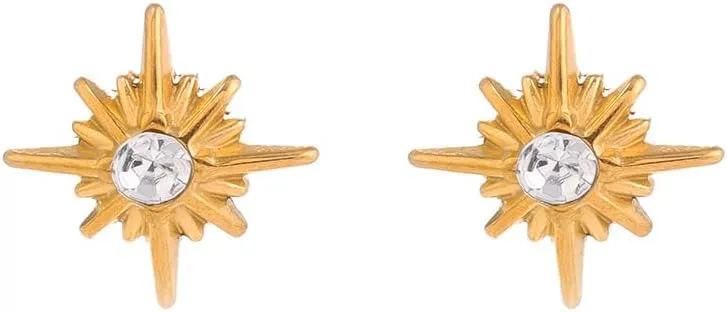 Gold Sunburst Stud Earrings with CZ Center  18K Gold Plated, Minimalist Starburst Earrings for Women, Dainty Gold Earrings, Hypoallergenic Jewelry