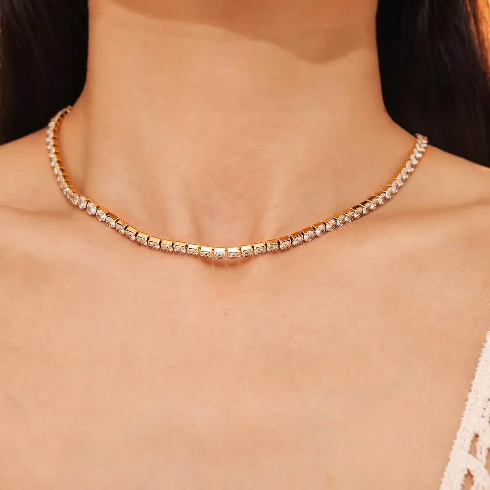 Gold Tennis Necklace for Women Silver Rhinestone Choker Necklace Sparking Imitation Diamond Necklace 3mm Cubic Zirconia Necklace Trendy Tennis Chain Jewelry