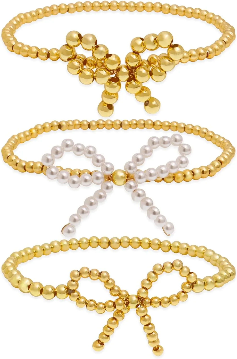 Gold White Bead Bow Bracelets Set for Women, Trendy 3Pcs Boho Handmade Stretchtable Small Beaded Stackable Friendship Bracelet Prom Holiday Outfit Jewelry Gift.