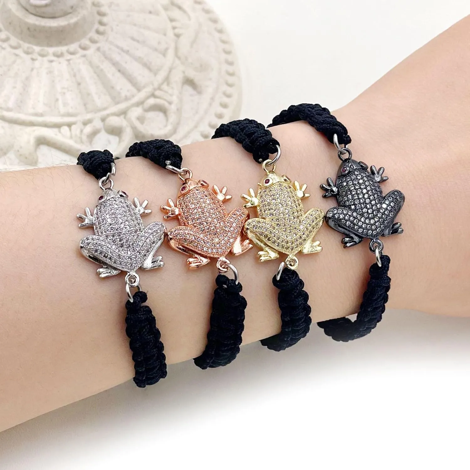 Good Lucky White/Gold/Black/Rose Gold Plated Toad Handmade Braided Bracelet Cubic Zirconia Adjustable Love Friendship Christmas Bracelets for Women YA4803