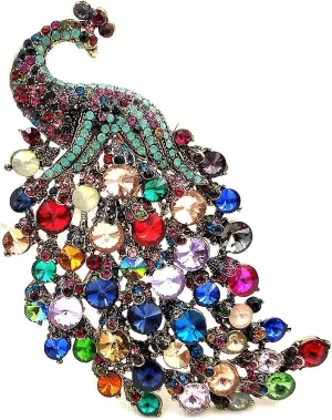 Gorgeous Multi Colored Crystal Rhinestones 4.22'' Large Peacock Brooch with Turquoise Green Accent Bird Jewelry