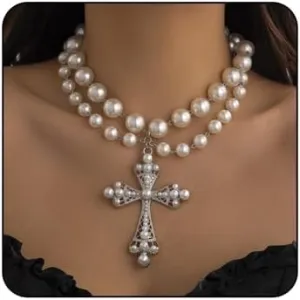 Gothic Cross Necklace for Women Vintage Pearl Cross Pendant Necklace Sparkling Crystal Cross Necklace Goth Chunky Cross Necklace Jewelry