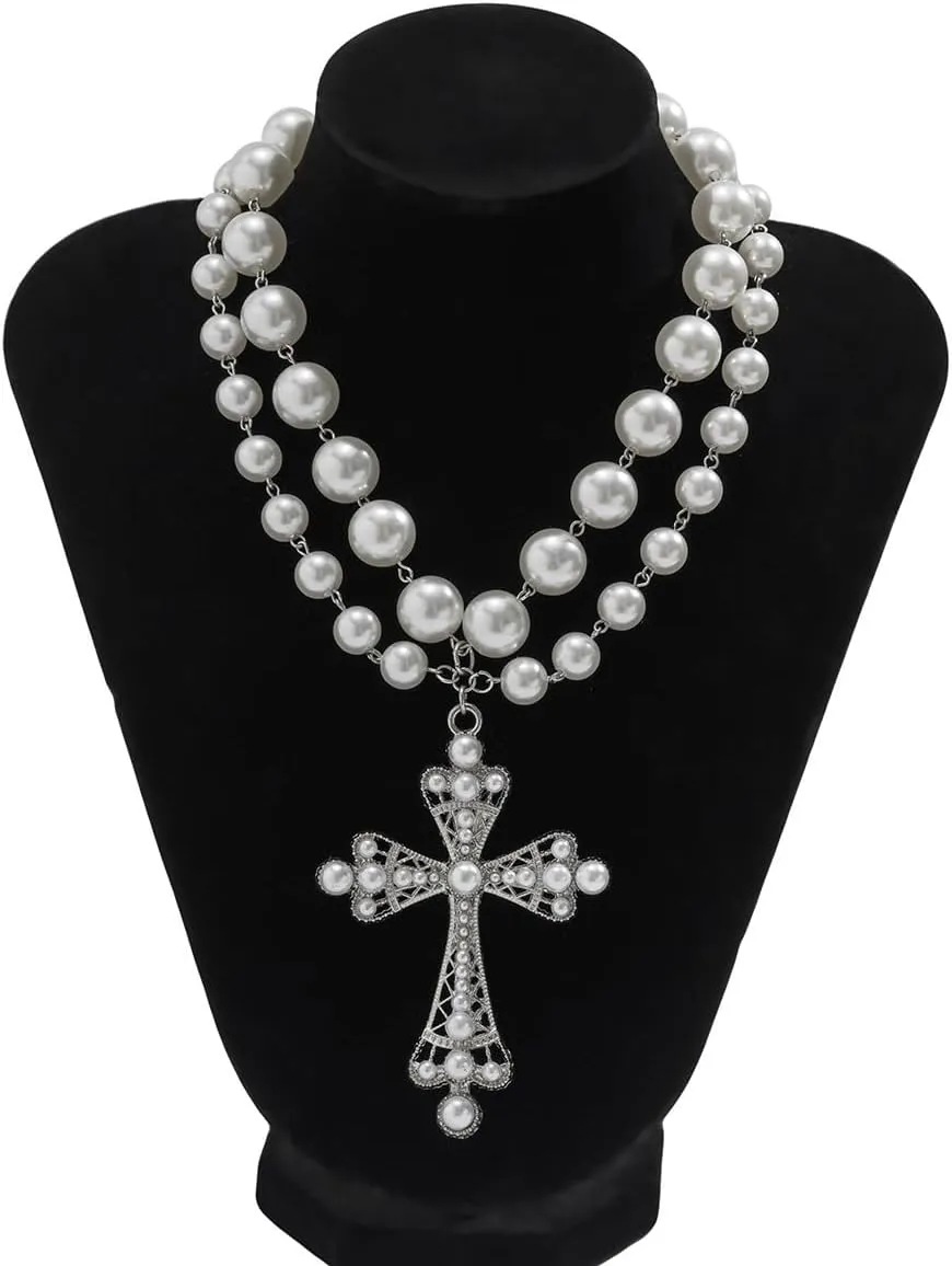 Gothic Cross Necklace for Women Vintage Pearl Cross Pendant Necklace Sparkling Crystal Cross Necklace Goth Chunky Cross Necklace Jewelry