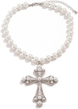 Gothic Cross Necklace for Women Vintage Pearl Cross Pendant Necklace Sparkling Crystal Cross Necklace Goth Chunky Cross Necklace Jewelry