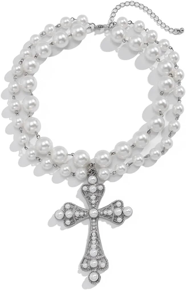 Gothic Cross Necklace for Women Vintage Pearl Cross Pendant Necklace Sparkling Crystal Cross Necklace Goth Chunky Cross Necklace Jewelry